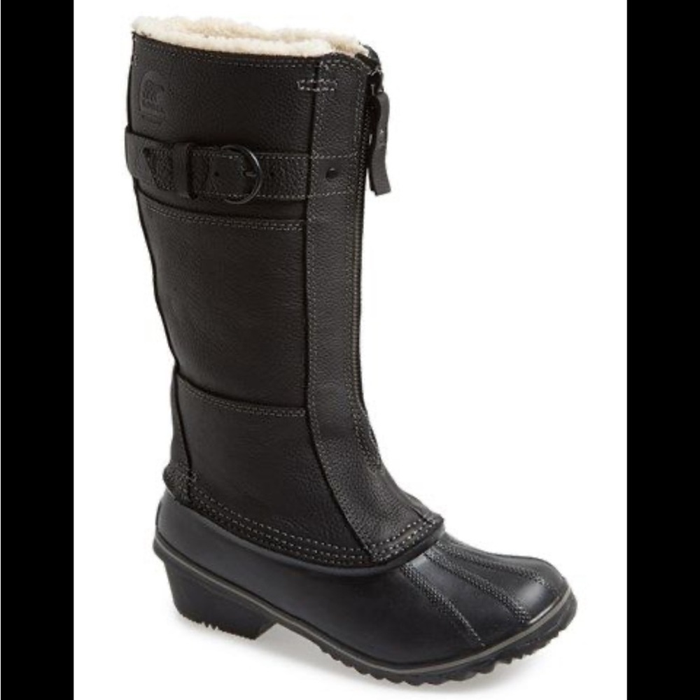 Sorel Fancy Tall Black Leather Waterproof Zip Winter Snow Duck Boots Size 6.5